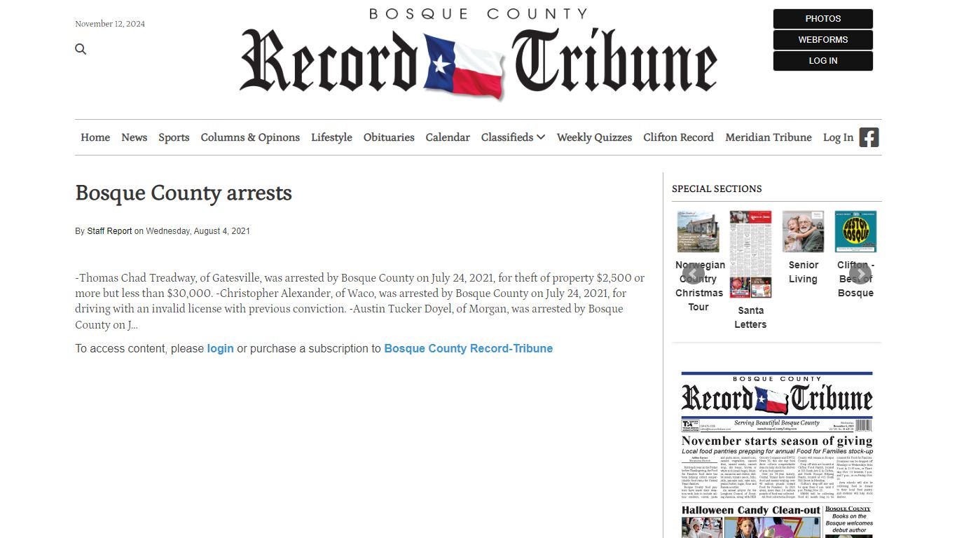 Bosque County arrests