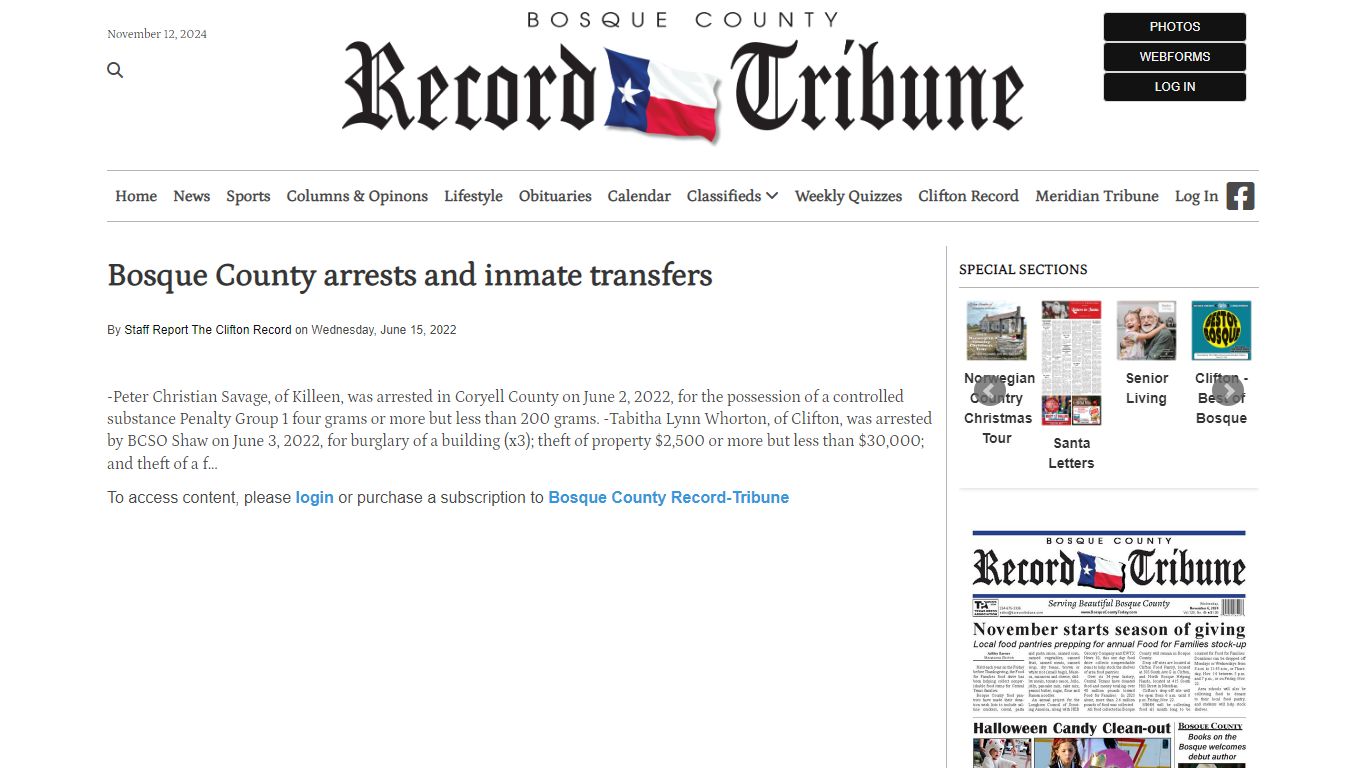 Bosque County arrests and inmate transfers